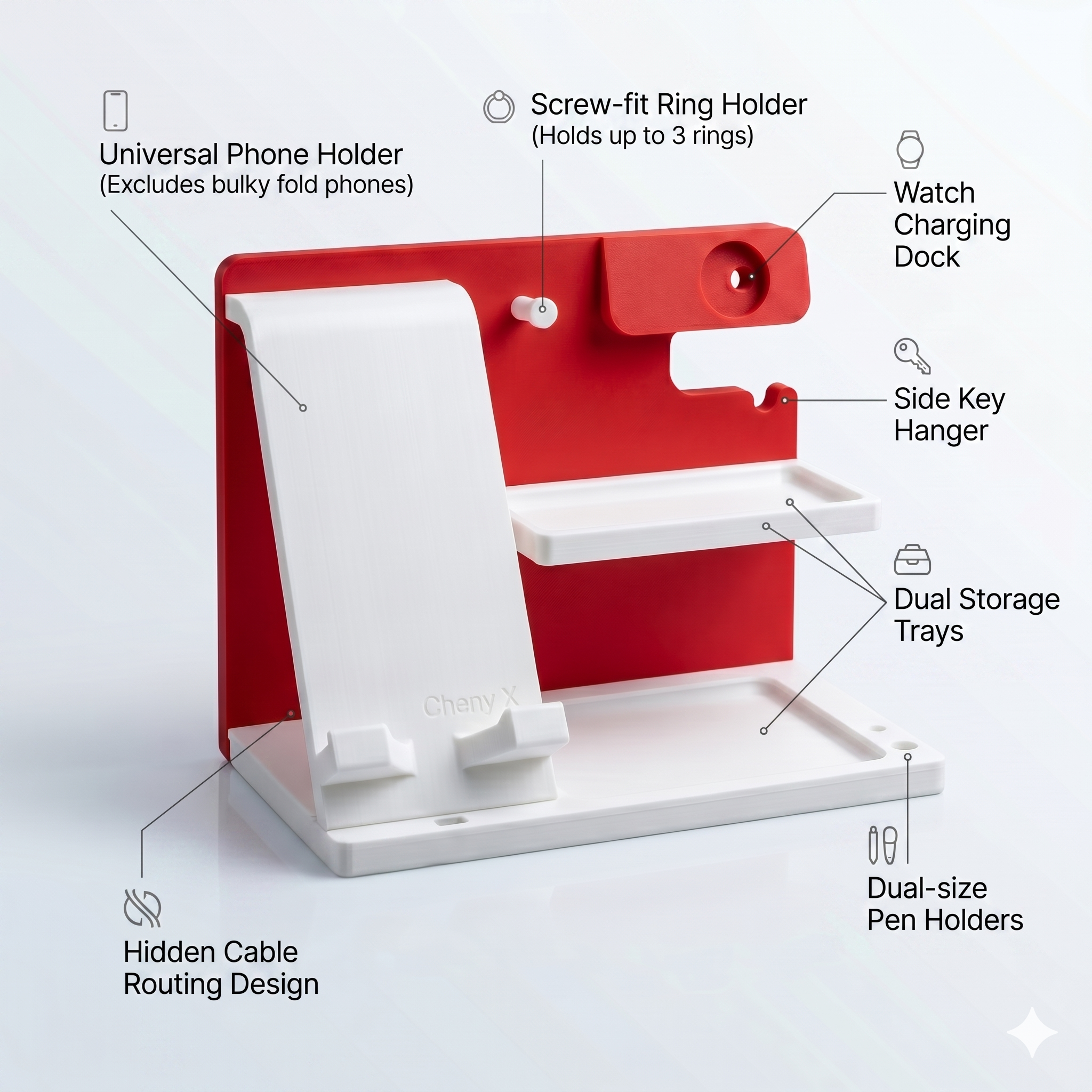 7-in-1 Bedside Organizer for Samsung – Phone Holder, Watch Dock, Key Hook & Storage Tray